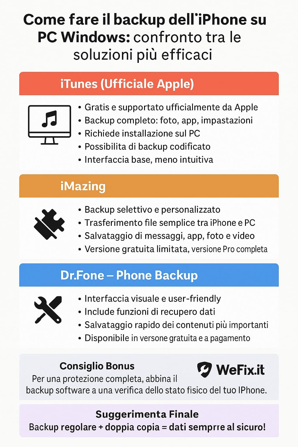Backup iPhone su PC Windows: confronto tra i migliori software alternativi a iTunes Confronto visivo tra i software per backup iPhone su Windows: iTunes, iMazing e Dr.Fone